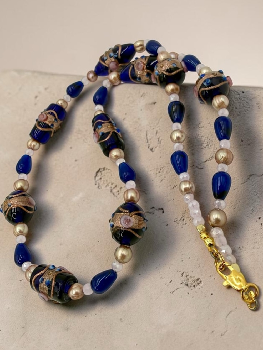 Venetian Wedding Cake Bead Necklace Blue Jade Genuine Pearl Pink Crystal 20” - Picture 14 of 17